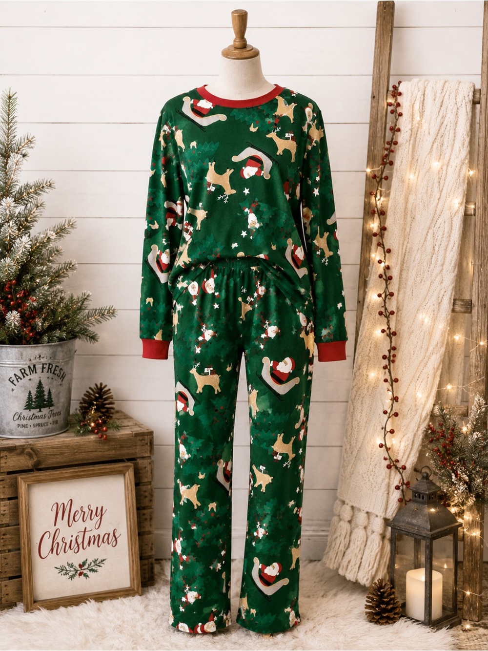 Carter’s Christmas Pajama Set Santa Reindeer Green Cotton Adult Unisex Mediu